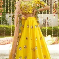 Embroidery party Wear Yellow satin Silk lehenga