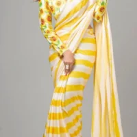 Yellow and White color Attractive Striped Saree