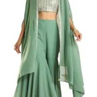 Green Georgette Sequined Crop Top with Sharara & Cape Set