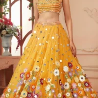 Yellow Tulle Organza sequins Slender floral Embroidered lehenga