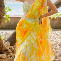 Women Beautiful Yellow and White with blouse saree Haldi