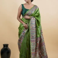 Madhubani Green Silk hand painting Saree with Blouse