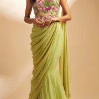 Green Georgette & Net cut Godet Skirt Saree set